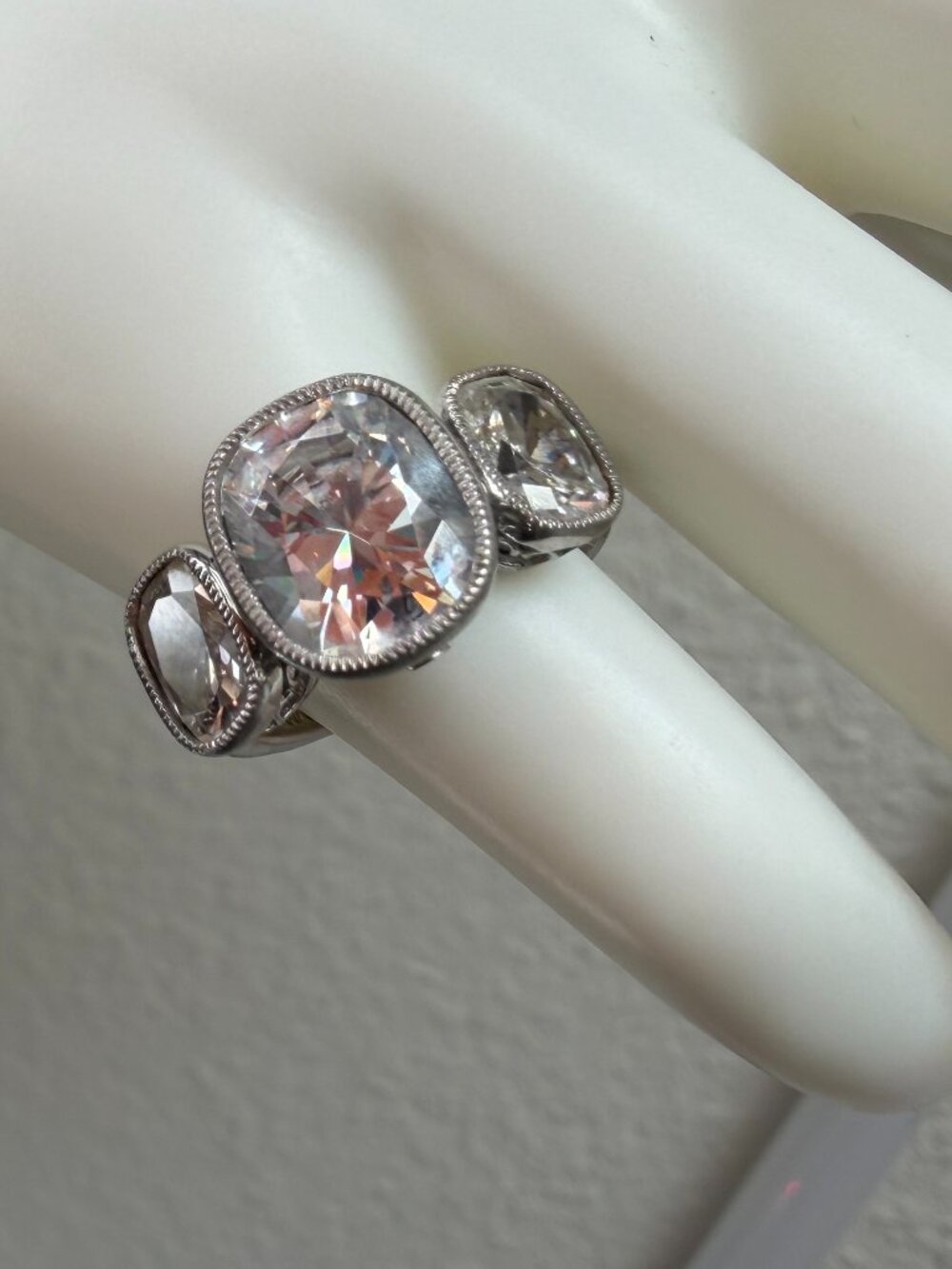 Vintage Jean Dousset Heirloom 925 CZ 3-Stone Mill-grain Cushion Cut Ring - Picture 8 of 17